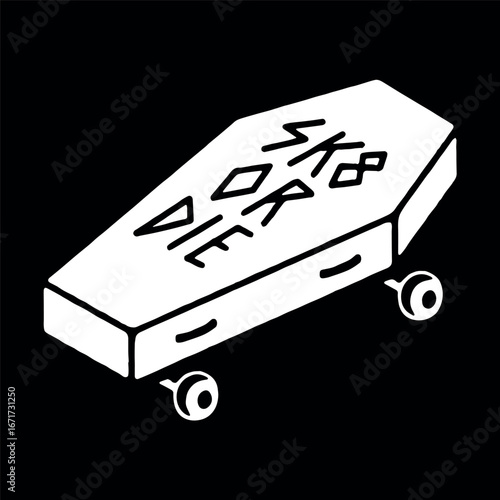 SK8 OR DIE SKATEBOARD COFFIN WHITE BLACK BACKGROUND