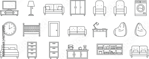 Flat vector, furniture icons, household, home decor, interior design, appliances, living room, bedroom, storage, seating, lighting, wardrobe, kitchen, bookshelf, crib, sofa, chair, bed, 