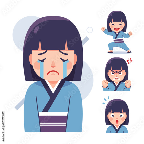 Modern flat vector of Japanese schoolgirl emotions—crying, smiling, angry, surprised. Versatile character set for apps, social media, and digital storytelling.