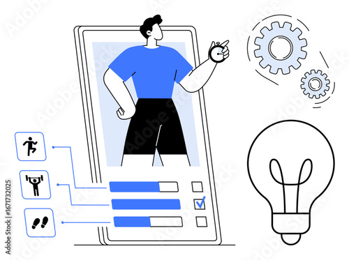 Person standing within phone screen, fitness tracking icons, gears, and a light bulb. Ideal for health, technology, creativity, productivity, self-improvement app design simple flat metaphor