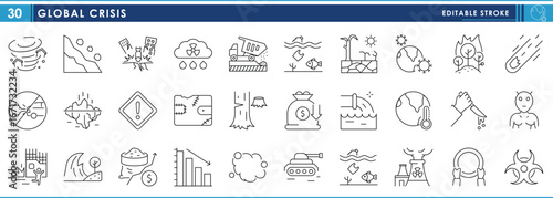 Global Crisis related line icons set. Poverty, natural disasters, biohazard, waste, war, global warming, and so on. Vector editable stroke.