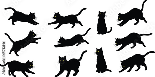 Black cat silhouettes, cute kittens, playful cats, running, jumping, sitting, walking, cartoon pets, domestic animals, Halloween theme, vector illustration design
