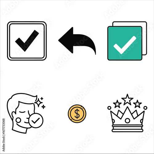 Icons representing success reward and confirmation in a clean graphic design