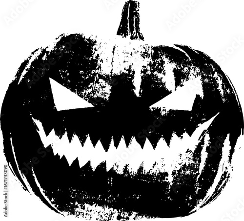 Halloween grunge black and white illustration of cracked pumpkin for spooky designs