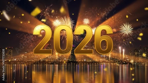 Happy New Year 2026 Fireworks with Golden Glowing Text and City Skyline Celebration