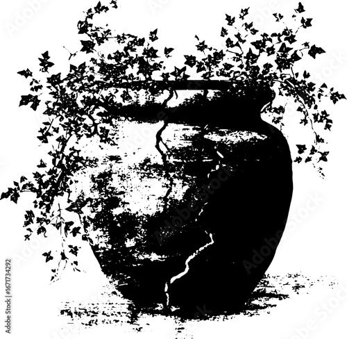 Grunge black and white illustration of cracked pot with ivy vines for urban art design