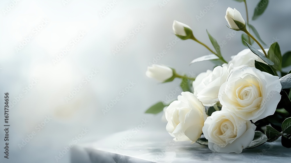 Obraz premium Beautiful white flowers, roses, over marble background. Bouquet of flowers at cemetery , funeral concept.