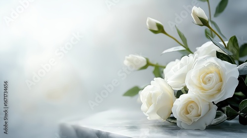 Beautiful white flowers, roses, over marble background. Bouquet of flowers at cemetery , funeral concept.