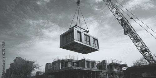 A grayscale photo of a crane lifting a modular building unit over a construction site