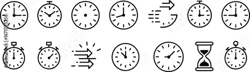 Flat vector, time icons, clock, stopwatch, hourglass, timer, countdown, analog, digital, fast forward, schedule, deadline, alarm, watch, timepiece, measurement, tracking, punctuality, stopwatch icon, 