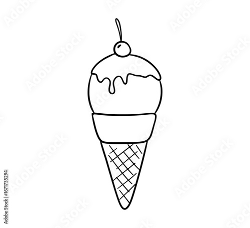 Ice cream with cherry hand drawn doodle sketch for cafe menu, card, birthday card decoration. Vector food illustration