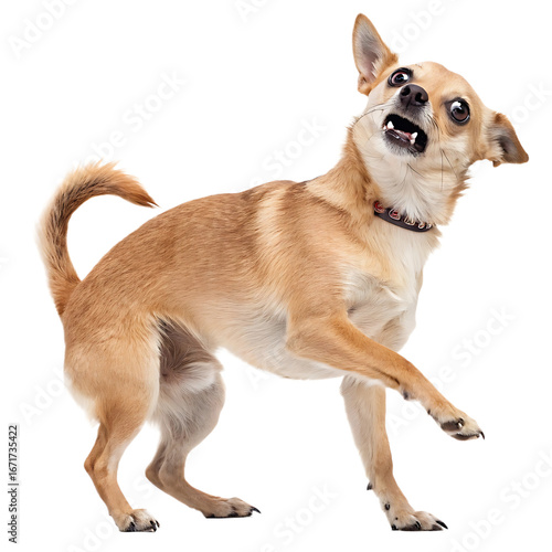 Startled Chihuahua isolated on black background showcasing anxious expression and comical pose for animal lovers pet owners and funny dog enthusiasts to use in various projects