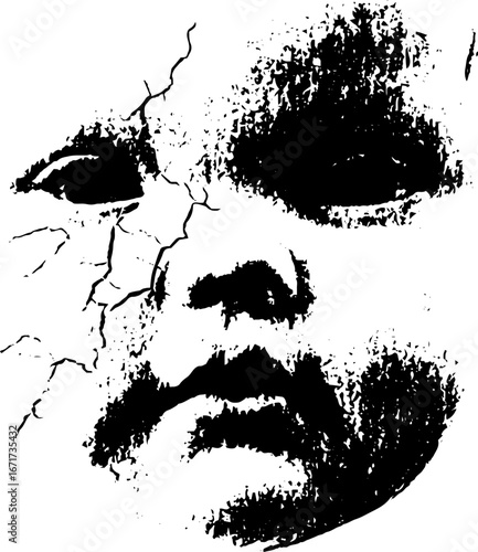 Eerie grunge black and white doll illustration for dark themed designs