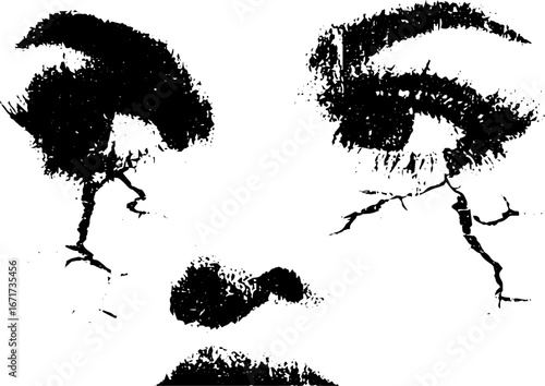 Grunge black and white creepy doll face design for spooky art projects