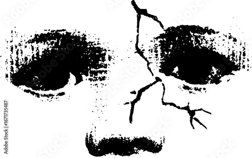 Eerie black and white grunge illustration of a creepy doll face for urban design