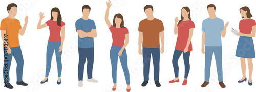 Group of diverse people standing, casual clothing, waving hands, business casual style, teamwork concept, social interaction, modern flat design, collaboration, communication