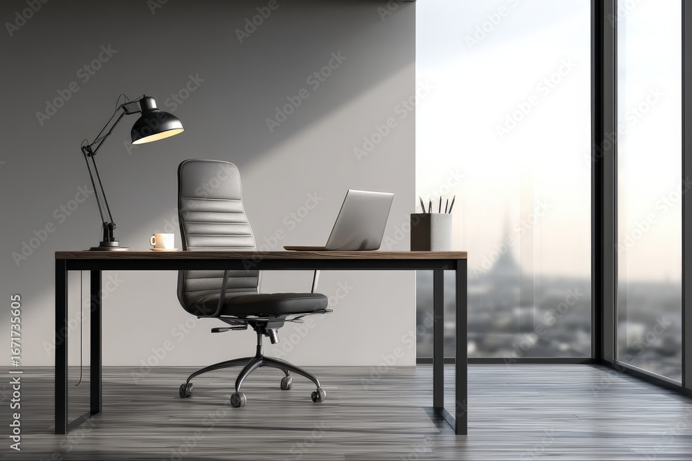 Fototapeta premium Modern office desk with laptop, chair, and lamp, overlooking a city view through a large window