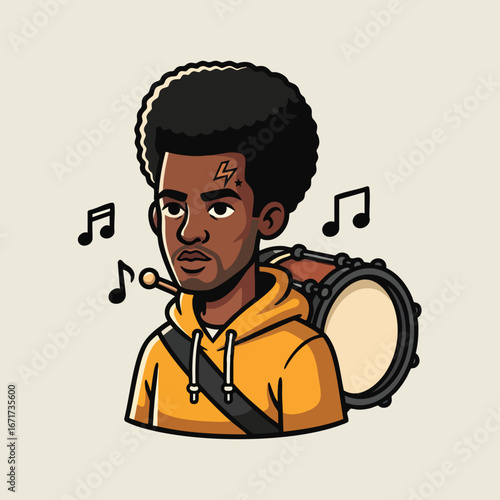 Focused Young Black Musician with Djembe Drum.