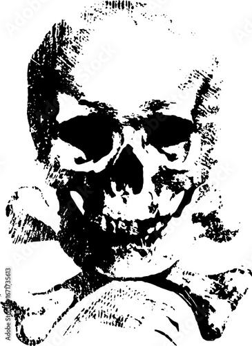 Grunge black and white skull illustration with crossbones - urban art design