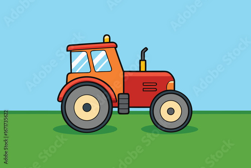 A cartoon tractor sits in a vibrant green field under a clear blue sky.