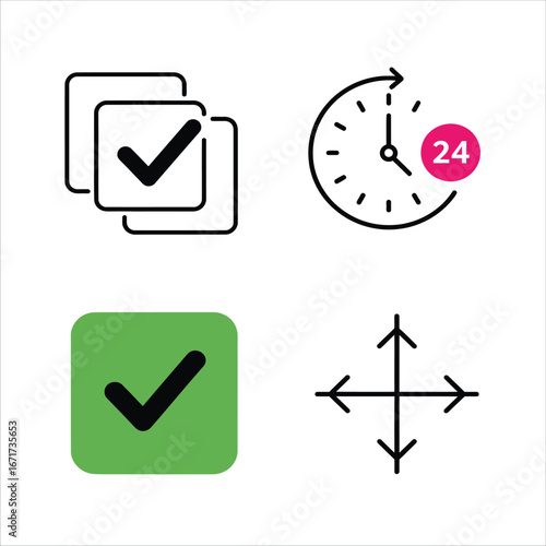 Checklist clock green checkmark and resize icons representing tasks and time