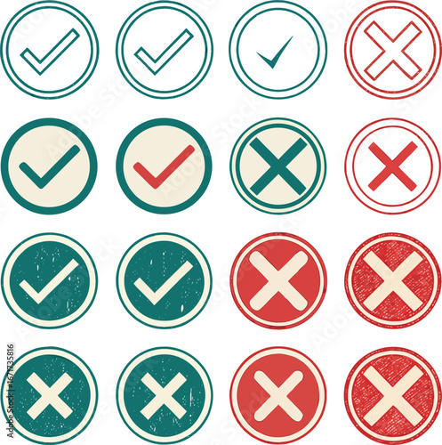 Collection of green check marks and red x marks in circles with different styles and textures