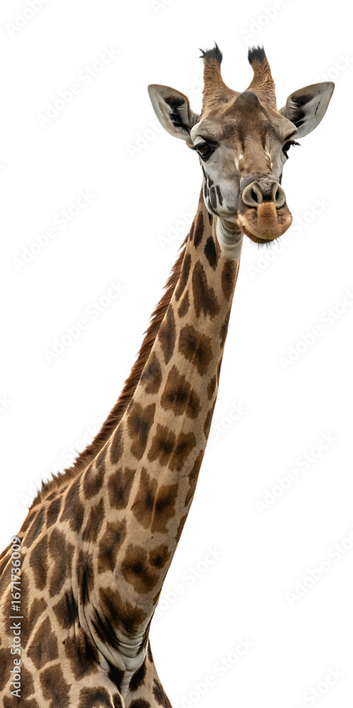 Obraz premium Majestic Giraffe Portrait Isolated on Black Background Graceful Long Neck and Distinctive Markings Showcase the Beauty of African Wildlife