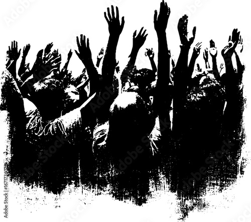 Grunge black and white silhouette of a crowd with raised hands for urban art design