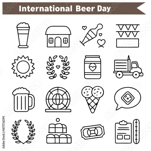 International beer day themed icon set featuring beer truck ice cream and various other illustrations