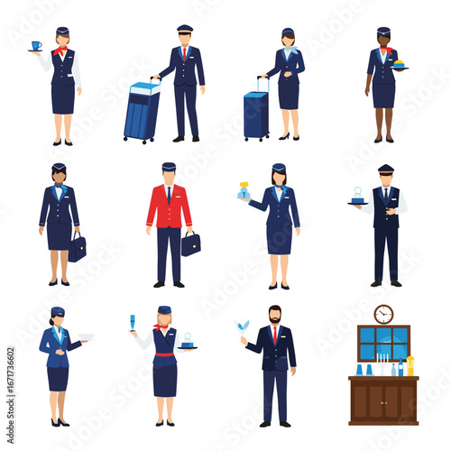 Diverse airline crew members offering hospitality services across various aviation scenarios