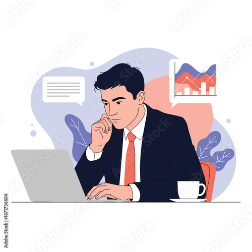 Modern business man concentrating on laptop while analyzing growth charts and graphs