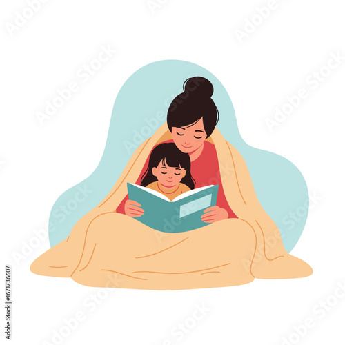 Mother and daughter sharing a book under a warm blanket together indoors