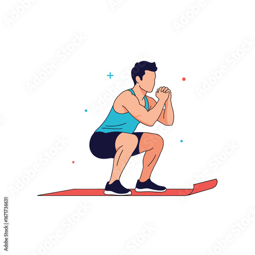 Man performing bodyweight squats on a red exercise mat for strength training