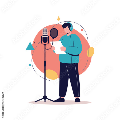 Professional voice actor recording dialogue for audio projects and podcasts