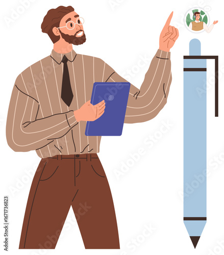 Bearded man holding tablet, pointing to virtual chat icon, next to oversized digital stylus pen. Ideal for technology, virtual communication, digital tools, education, remote work, innovation simple