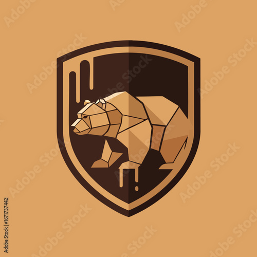 Geometric bear logo inside a shield brown and tan colors.