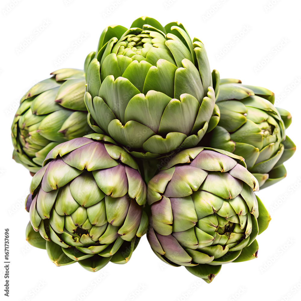 Fototapeta premium Artichoke Cluster: Fresh artichokes are gathered together showcasing vibrant green petals and a healthy, organic aesthetic.
