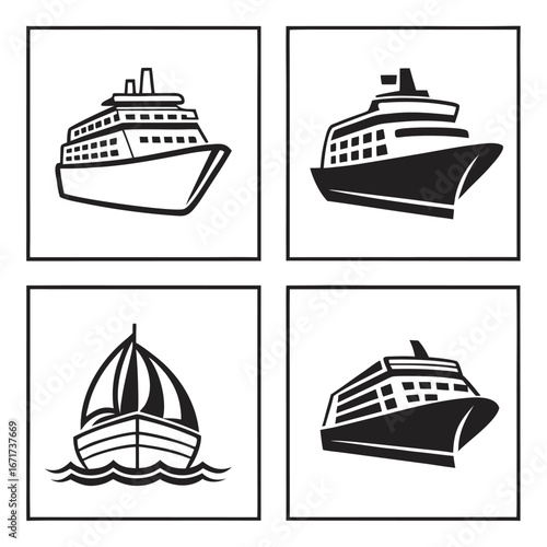 Four square images showcasing different types of boats including cruise ships and a sailboat design