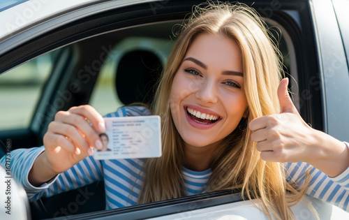Happy young woman shows new driver’s license inside blue car.