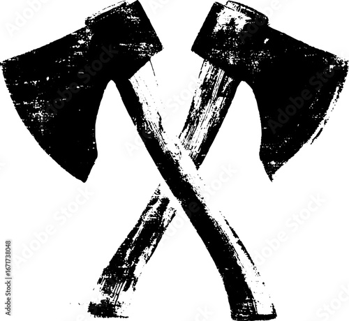 Black and white grunge illustration of double axes for vintage designs
