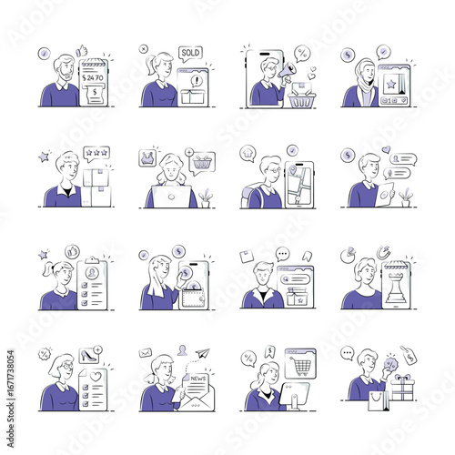Get this amazing illustration set depicts various stages of e-commerce and online retail transactions