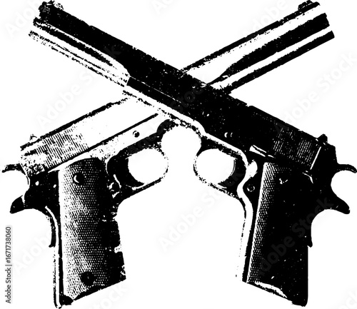 Grunge black and white illustration of crossed pistols for urban design
