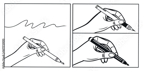Creative hands skillfully drawing lines and writing with pens on paper, demonstrating artistic process