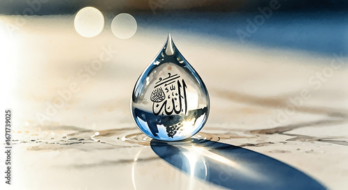 A single drop of water reflecting the arabic calligraphy of allahs name, symbolizing purity and faith