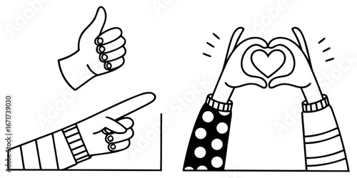 Positive hand gestures including thumbs up, pointing, heart shape, and peace sign convey encouragement and connection