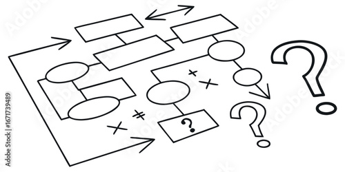 Unraveling complex problems with flowchart diagrams and scattered question marks symbolizing uncertainty and decision making