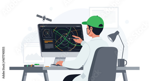 Scientist using computer for satellite tracking and data analysis in a modern laboratory setting