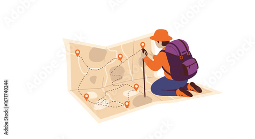 Man pointing at a large topographic map with contour lines, illustrating navigation or outdoor planning.
