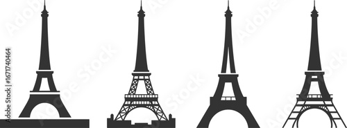 Set of Eiffel Tower silhouette icons, Paris landmark symbols with various design styles for travel, architecture, tourism, and cultural illustration