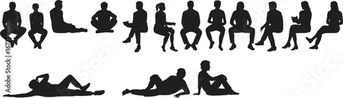 Silhouettes of people sitting, diverse poses, sitting group, relaxed positions, casual sitting, isolated on white background, men and women, leisure time, variety of postures